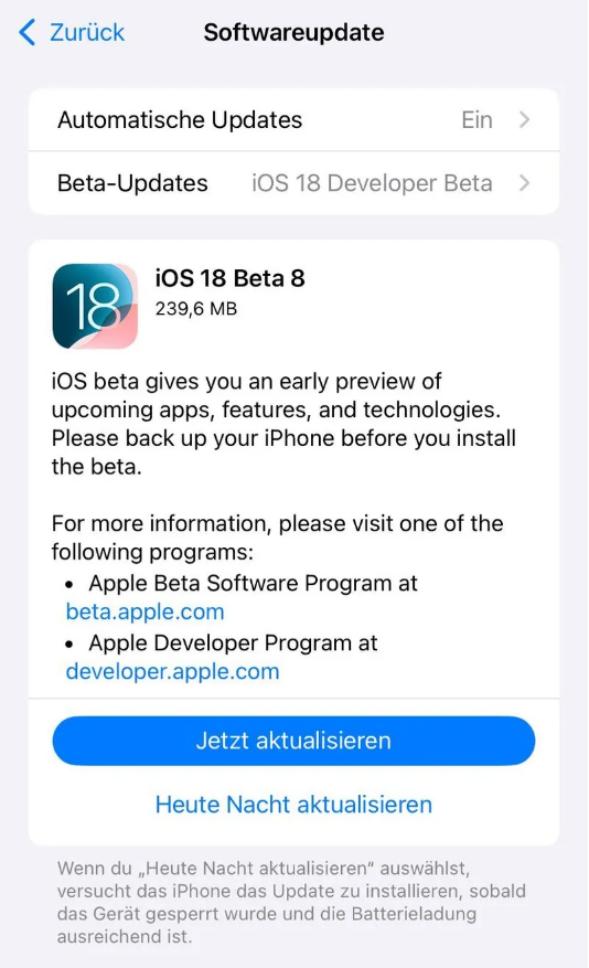 大安苹果手机维修分享苹果 iOS / iPadOS 18 开发者预览版 Beta 8 发布 